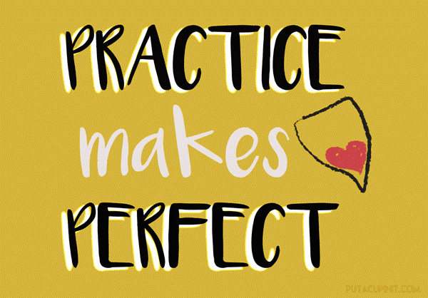 Text drawing that reads "practice makes perfect" with a menstrual cup with a red heart inside