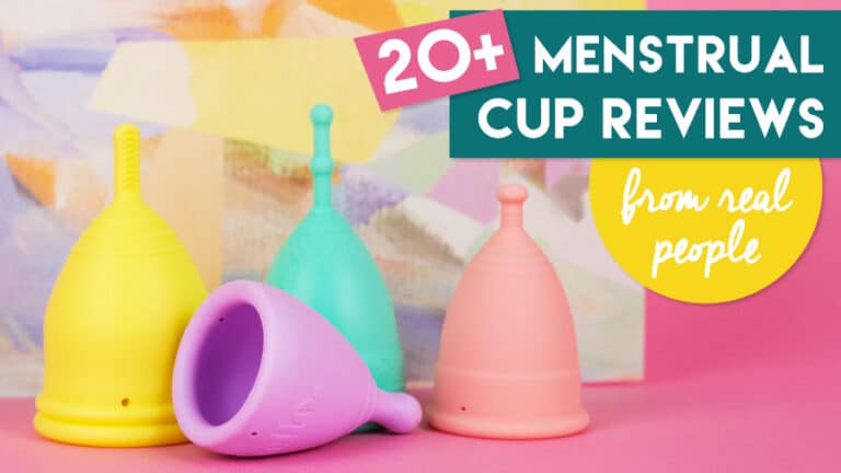 Four menstrual cups with an artistic background and text that reads 20+ Menstrual Cup Reviews from Real People