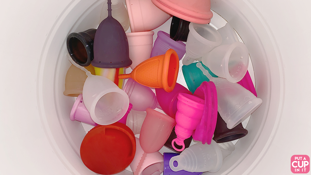 Bin full of assorted menstrual cups that worked with the Sunny Cup applicator