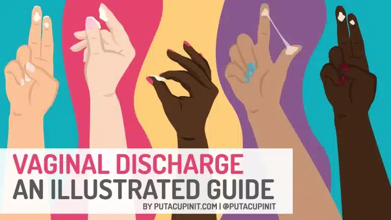 Vaginal Discharge | An Illustrated Guide To What's Normal & What's Not by Put A Cup In It — Image shows a line-up of hands showing how thick or thin vaginal discharge and cervical mucus are throughout the menstrual cycle. Additional images are a breakdown of this main image and go into more specific detail.