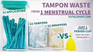 Image showing three bins. One containing 22 tampon applicators, one showing 22 tampons, and one showing 22 tampon wrappers - to illustrate the amount of waste generated by a single menstrual cycle.